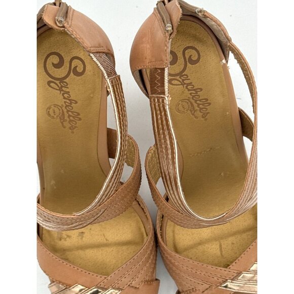 Seychelles Womens 7.5 Open Toe Strappy Heels Tan & Gold Leather & Synthetic - Picture 4 of 8